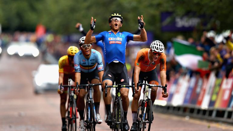 Italy's Matteo Trentin celebrates his win in Glasgow