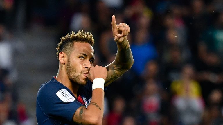 Neymar celebrates his strike against Angers