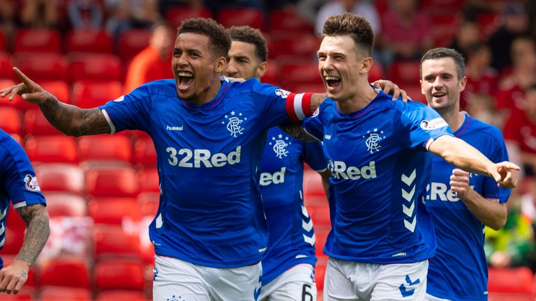 Rangers' James Tavernier (left) celebrates his penalty opener against Aberdeen with Ryan Jack