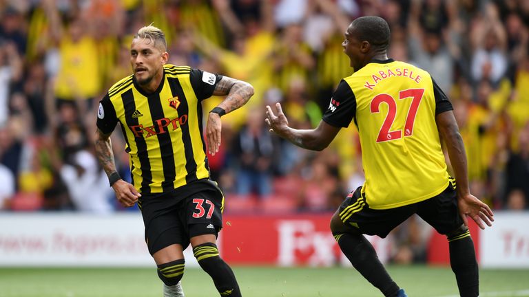 Roberto Pereyra celebrates after putting Watford ahead at Vicarage Road