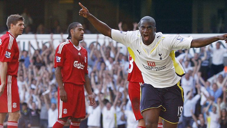 Sebastien Bassong celebrates his winner for Tottenham against Liverpool in 2009