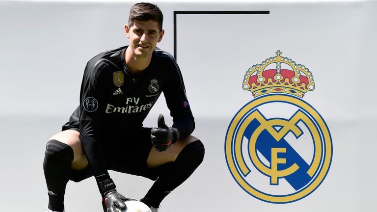 Courtois poses during his presentation at the Santiago Bernabeu