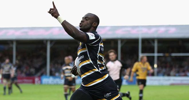 Miles Benjamin celebrates his crucial try at Sixways