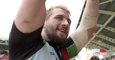 Joe Marler salutes the crowd at the Twickenham Stoop after Harlequins' dramatic late victory