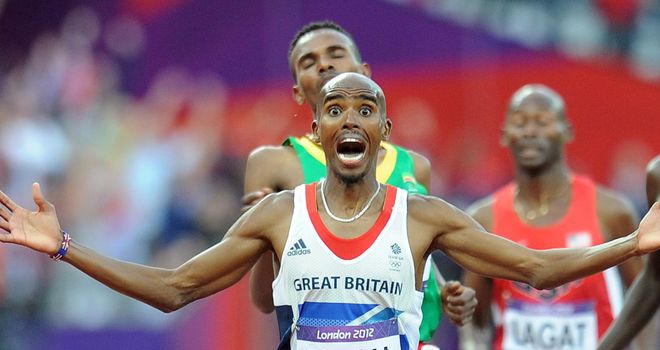Farah celebrates his 10,000m success at London 2012