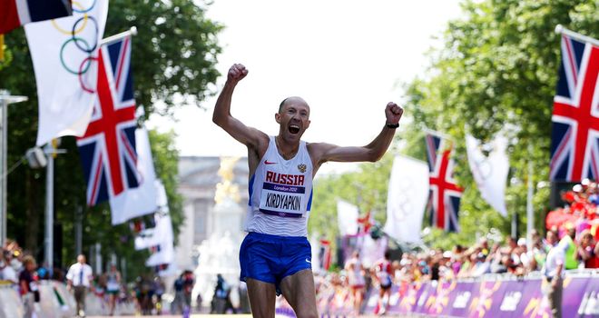 Sergey Kirdyapkin finishing first in the London 2012 Olympics