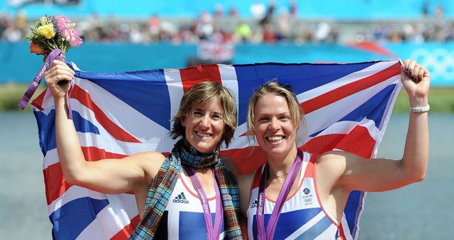 Katherine Grainger (L) and Anna Watkins (R) celebrate after collecting their gold medals