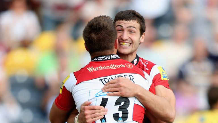 Jonny May and Henry Trinder celebrate at Kingsholm