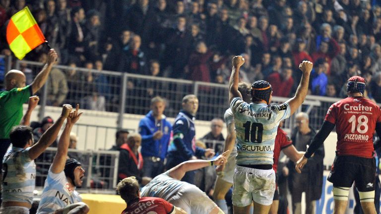 Racing Metro celebrate their surprise win at Stade Felix Mayol