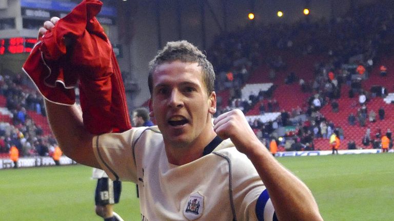Brian Howard celebrates his FA Cup heroics for Barnsley at Anfield in 2008