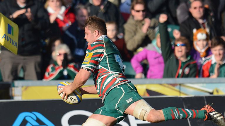 Edward Slater touches down for one of his two tries at Welford Road