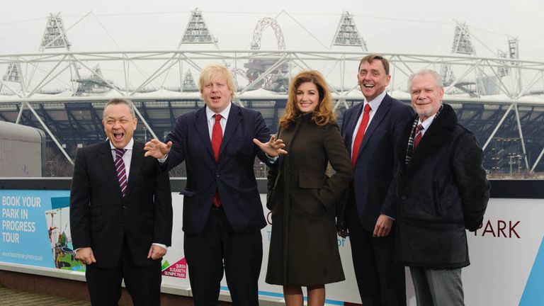 Boris Johnson (second left) with West Ham contingent outside Olympic Stadium