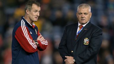 Rob Howley speaks to Warren Gatland following the Lions' win over Combined Country XV