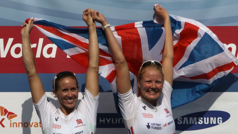 Golden greats: Helen Glover and Polly Swann of Great Britain pose after taking gold in the women's pair in Chengdu