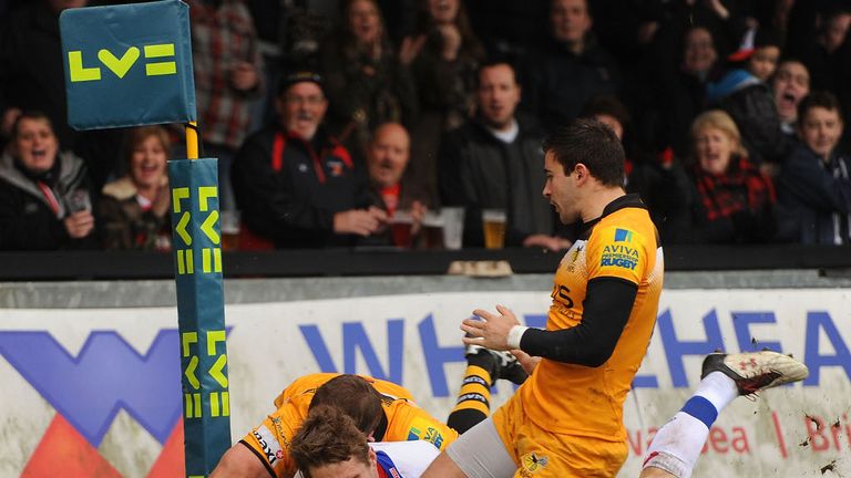 Vital score: Matthew Pewtner of Newport Gwent Dragons scores a try in the home side&#39;s win