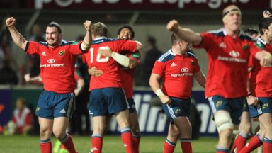 Damien Varley (left) celebrates Munster's victory with his team-mates at Stade Aime Giral