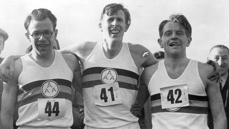 Sir Chris Chataway (R) with Chris Brasher (L) and Sir Roger Bannister (C) after first four-minute mile