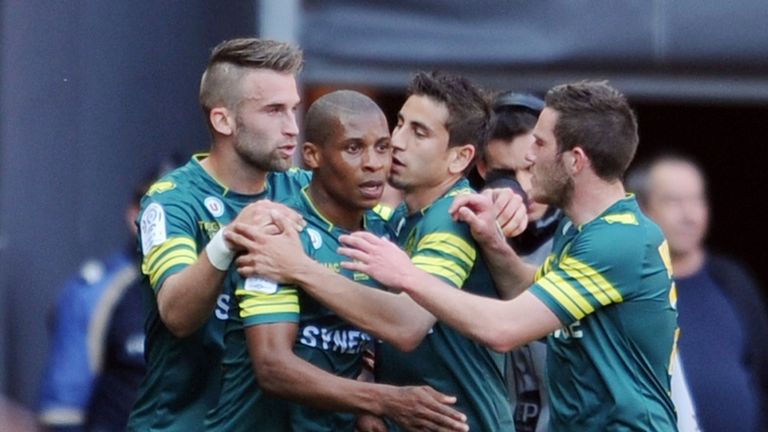 Nantes forward Yohan Audel is congratulated after scoring