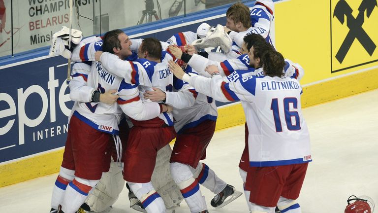 Russia celebrate victory in ice hockey world championship