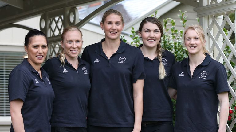 New Zealand Netball team: Liana Leota, Laura Langman, captain Casey Kopua, Ellen Halpenny and Shannon Francois