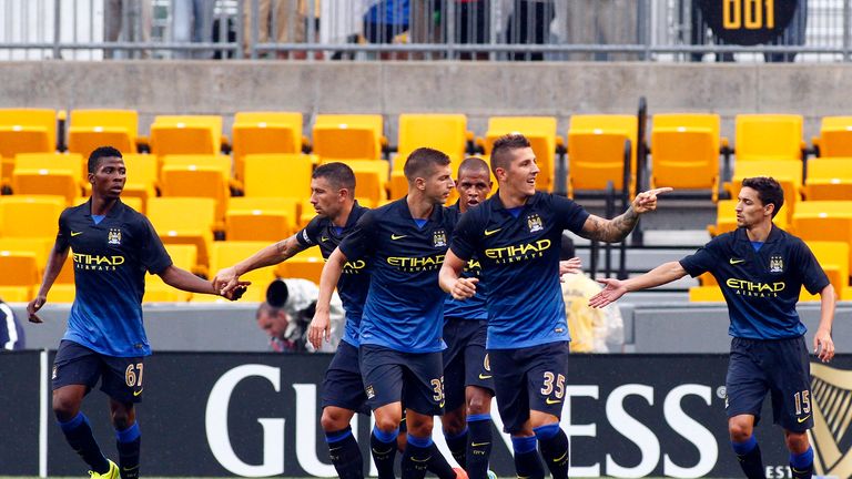 Jovetic: Celebrates his opening goal for Manchester City