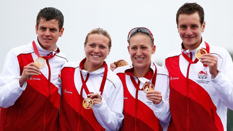 Jonathan Brownlee, Jody Simpson, Vicky Holland and Alistair Brownlee celebrate more success