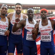 Great Britain's men's 4x400m relay quartet celebrate gold at the European Championships
