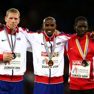 Gold medalist Mo Farah poses next to silver medalist Andy Vernon (left) and bronze medalist Ali Kaya (right)
