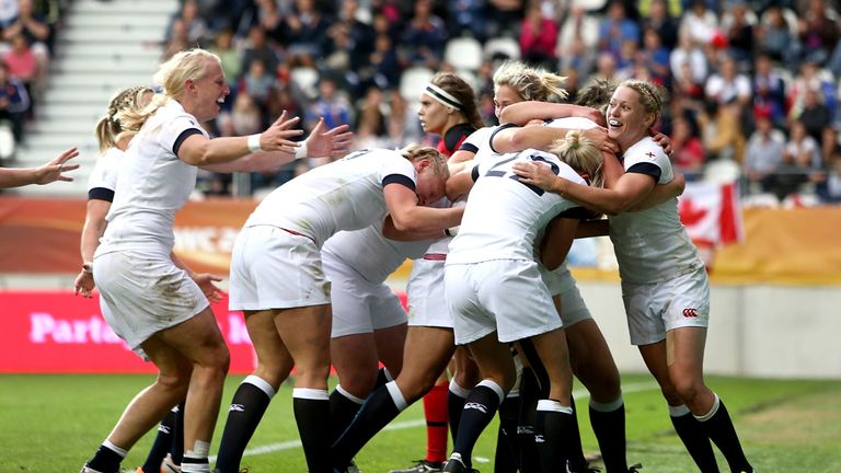 England celebrate Emily Scarratt's try in the World Cup final
