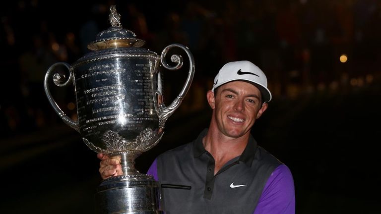 Rory McIlroy poses with the Wanamaker trophy after his one-stroke victory in 2014