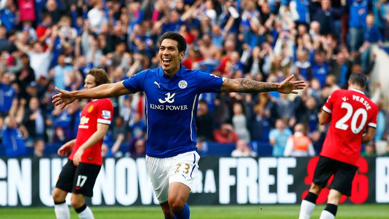 Leonardo Ulloa celebrates Leicester's fifth goal at the King Power Stadium