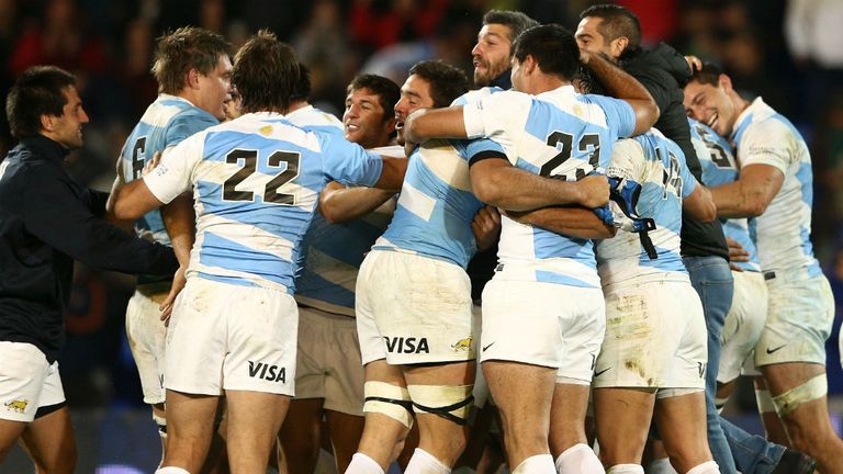 The Pumas celebrate winning their first Rugby Championship match against Australia in 2014