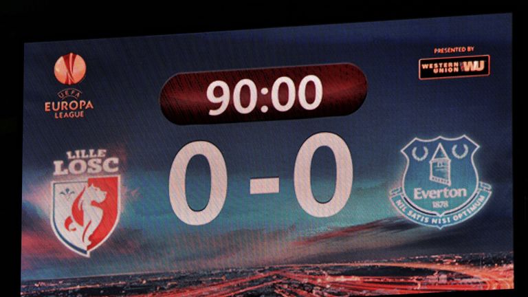 Goalless: The scoreboard at the Pierre-Mauroy Stadium
