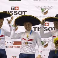 Callum Skinner, Philip Hindes and Jason Kenny celebrate with sombreros after their team sprint win in Mexico