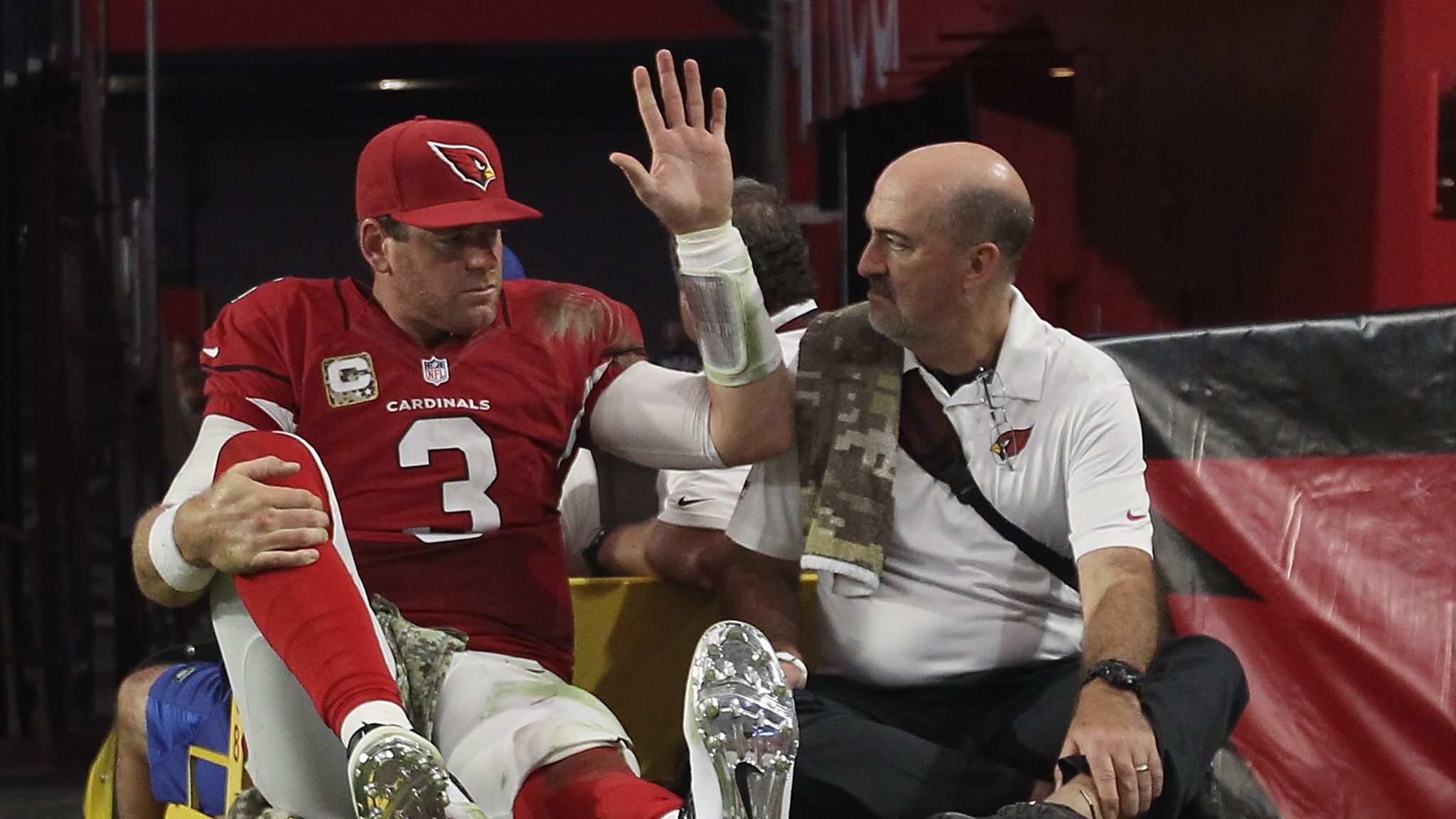 Former Arizona Cardinals quarterback Carson Palmer stands with his