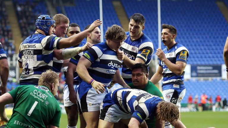 Bath forwards congratulate each other after forcing London Irish into conceding a penalty try