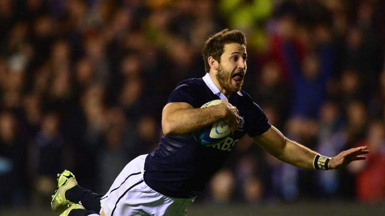 Tommy Seymour scores a try for Scotland late in the second half against Argentina
