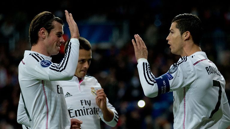 Cristiano Ronaldo: Celebrates with fellow goalscorer Gareth Bale