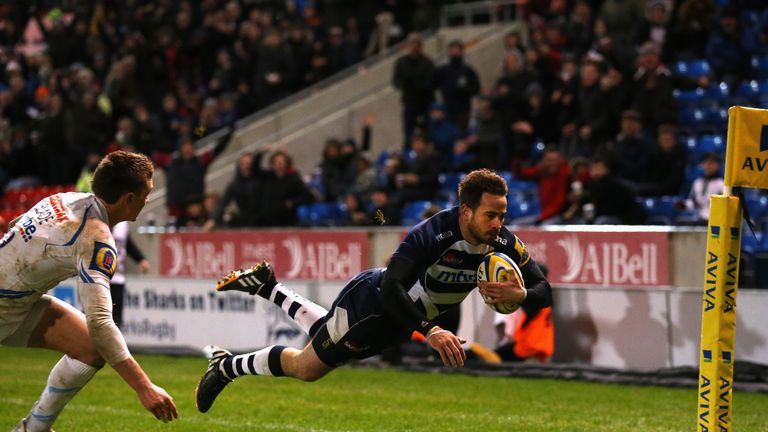 Danny Cipriani dives over for his side's second try in Sale's victory over Exeter