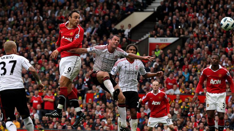 Dimitar Berbatov completes his hat-trick against Liverpool in 2010