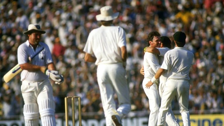 Allan Border celebrates after capturing the crucial wicket of England captain Mike Gatting the 1987 final