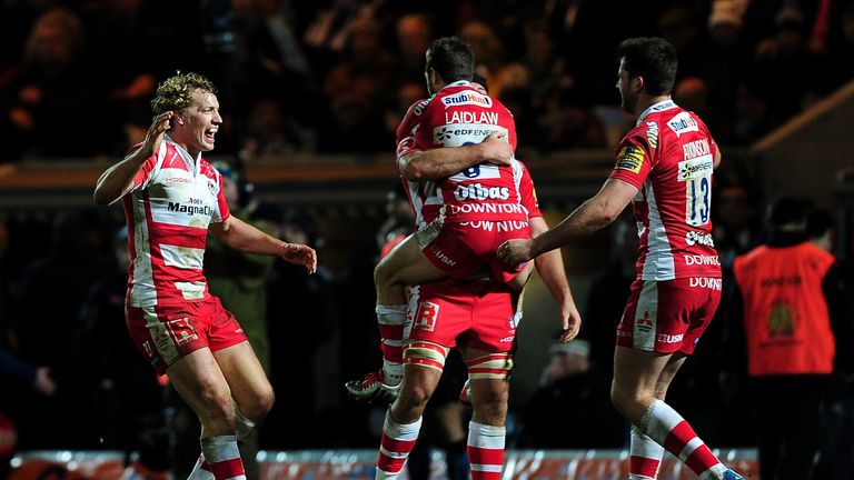 Gloucester celebrate their narrow win over Exeter