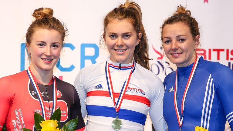 Marchant, right, on the podium at the 2014 British national track championships with Varnish, centre, and Vicky Williamson (Picture: SWpix.com)
