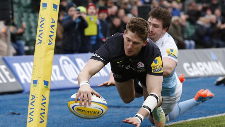 David Strettle: Dives over to score Saracens' first try