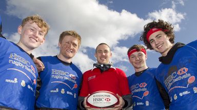 Harlequins and England player Mike Brown helps out with a coaching session at the HSBC Rosslyn Park National Schools Sevens