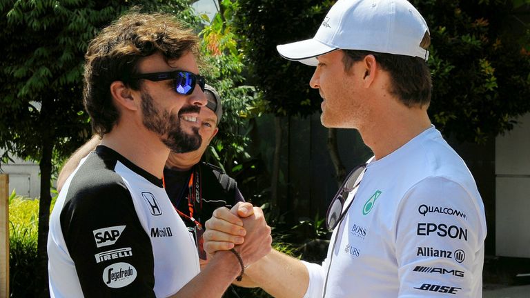 Fernando Alonso and Nico Rosberg greet in the Sepang paddock