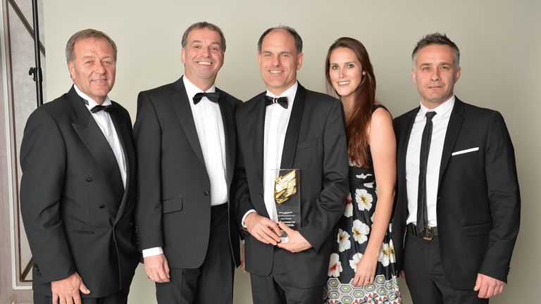 Executive produce Jason Wessely (centre) and the Sky Sports Golf team celebrate their award (Pic: Richard Kendal)