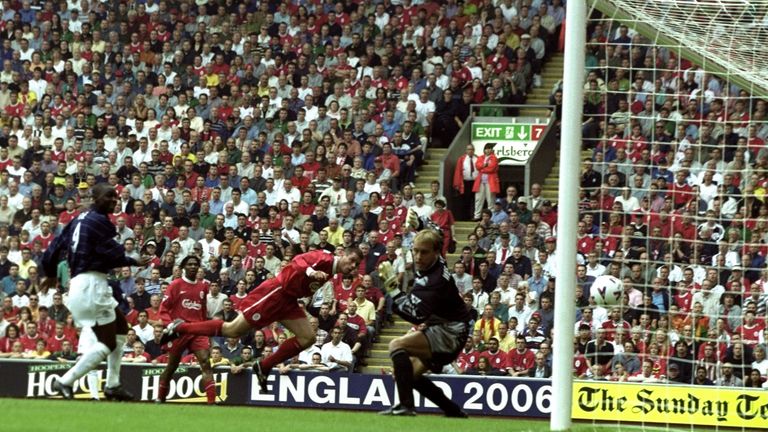 Jamie Carragher heads the ball into his own net at Anfield in 1999