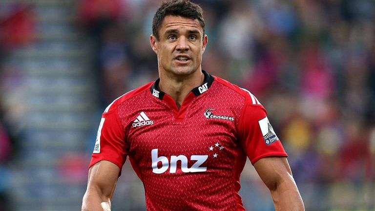 Dan Carter kicking ball in super 14 rugby union game at the