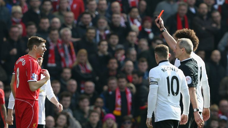Steven Gerrard is sent off just 38 seconds after coming on for a stamp on Ander Herrera